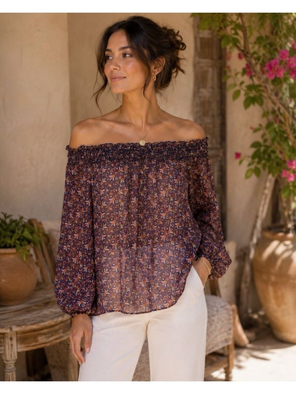 Joie 100% Silk Semi Sheer Off The Shoulder Top XS Navy Top Boho Balloon Sleeve
